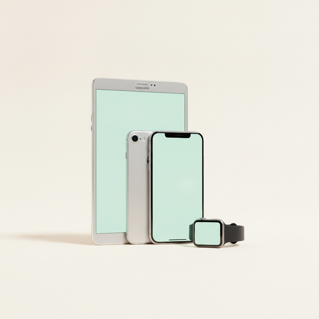 The dote app on a Samsung tablet, an iPhone, and an Apple Watch